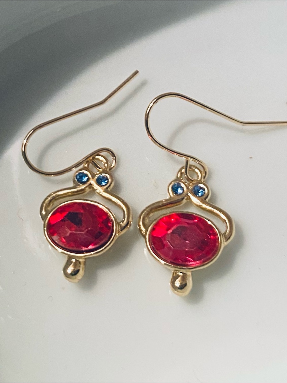 Gold-Tone Earrings with Red Crystal and Blue Accents - 1 inch drop